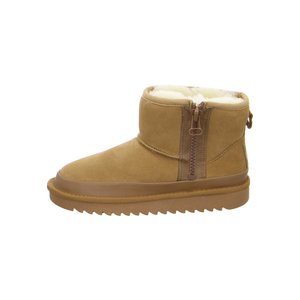 Short brown suede winter boot with side zipper, fur lining, rubber sole, and pull tab at the back.