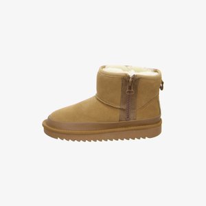 Short brown suede winter boot with side zipper, fur lining, rubber sole, and pull tab at the back.