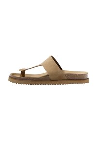 Brun mockask thong sandal med ett brett rem, texturerad fotbädd och en räfflad gummisula för bra grepp. Minimalistisk design med ett naturligt utseende.