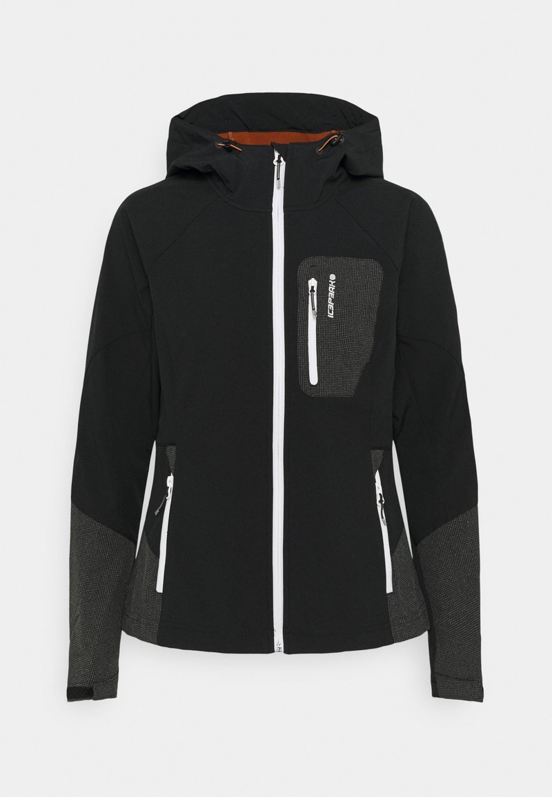 Chaqueta softshell negra con cremallera en la parte delantera, capucha y detalles en gris contrastante. Incluye bolsillos con cremallera y un bolsillo en el pecho texturizado.