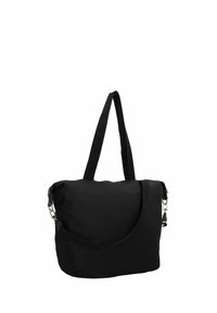 Borsa a spalla nera realizzata in tessuto morbido, con chiusura a zip, due spallacci e un compartimento laterale con accenti metallici.