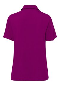 Fuksjowa koszulka polo z krótkimi rękawami, klasycznym kołnierzykiem i gładką fakturą. Tył ma czysty, prosty design bez ozdób.