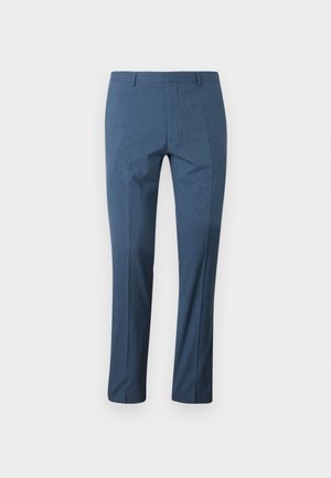 Sinised tüüpilised meestepüksid vööaasade ja kitsaku lõikega, laotatuna valgel taustal.