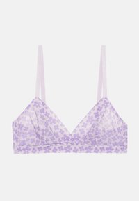 Lilla blomstermønstret bralette med transparent stof, trekantede kopper og tynde justerbare stropper. Har en blød, let tekstur.
