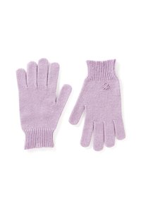 Fialové pletené rukavice s žebrovaným manžetem a designem na pět prstů. Malá ozdobná značka na zápěstí. Měkká textura, vhodné pro chladné počasí.