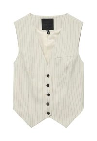 Gilet sans manches crème avec des rayures verticales noires, une poche poitrine unique, six boutons foncés et un décolleté en V subtil.