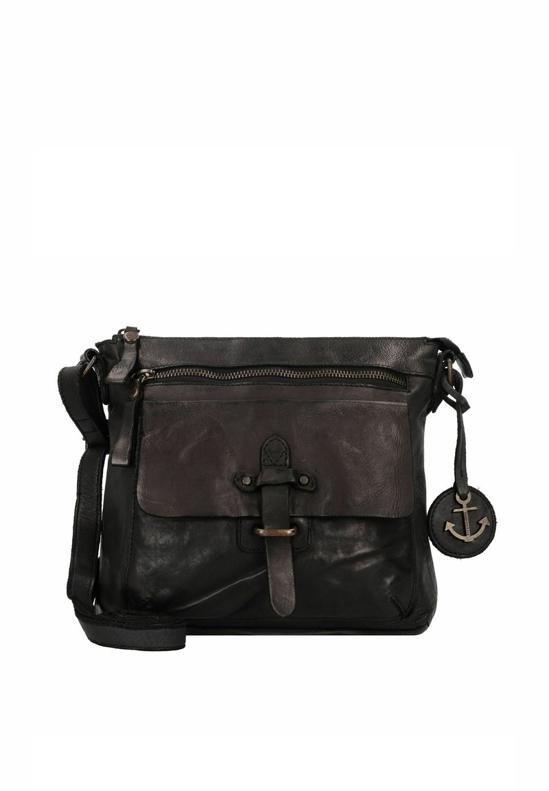 Borsa a tracolla nera in pelle con tasca frontale con zip, chiusura decorativa con fibbia e ciondolo rotondo con un'ancora. Finitura testurizzata, tracolla regolabile.