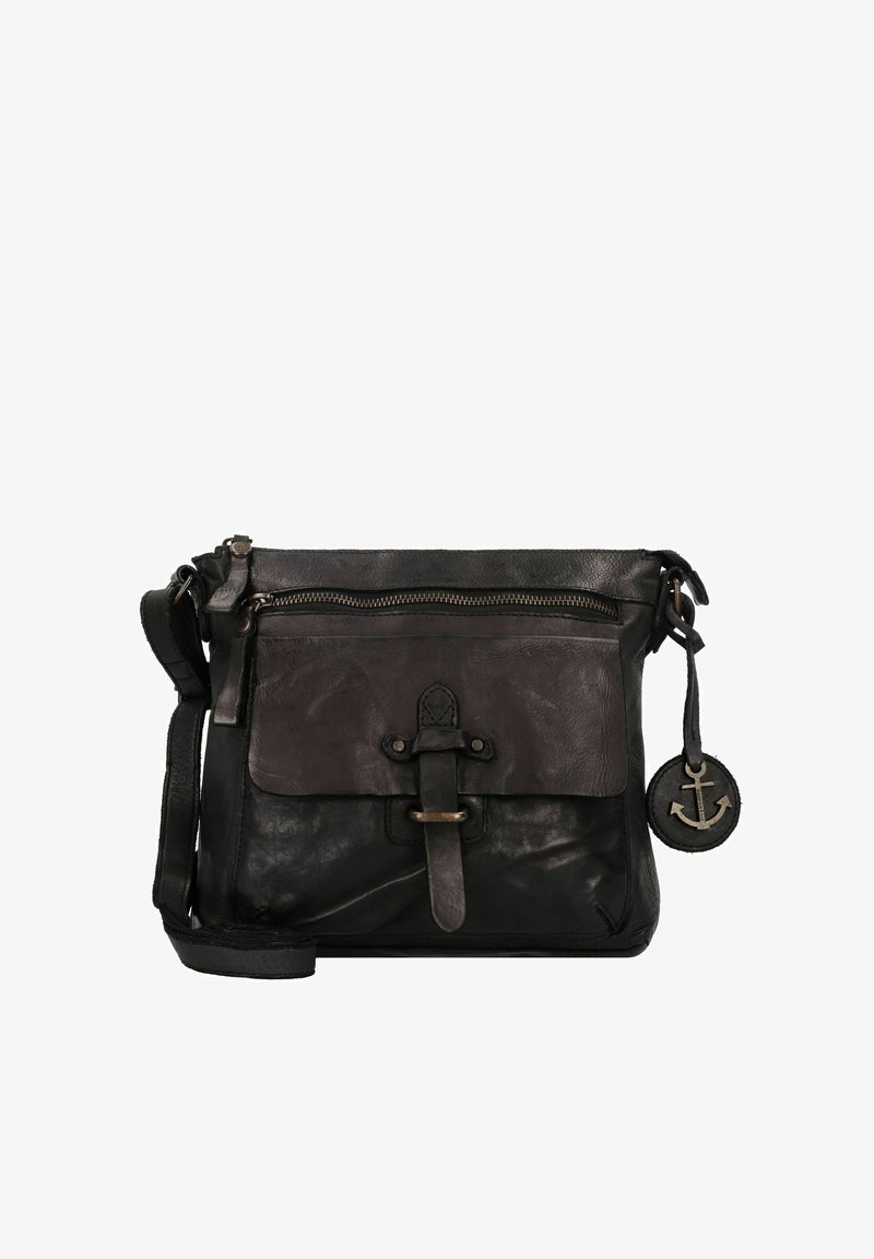 Borsa a tracolla nera in pelle con tasca frontale con zip, chiusura decorativa con fibbia e ciondolo rotondo con un'ancora. Finitura testurizzata, tracolla regolabile.