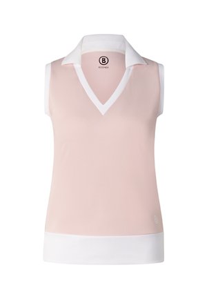 Haut sans manches en maille rose pâle avec bordure en V blanche, col blanc et ourlet blanc, avec un petit logo « B » près du bas.