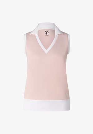 Haut sans manches en maille rose pâle avec bordure en V blanche, col blanc et ourlet blanc, avec un petit logo « B » près du bas.