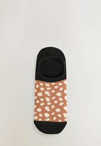 Șosetă neagră cu decolteu redus, cu un model pătate maro și crem. Textură netedă, cu vârf rotunjit și tiv elastic pentru o fixare sigură.