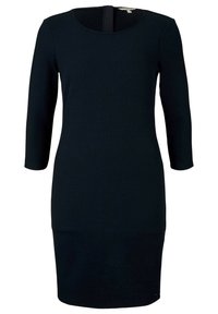 Svart, knäslång klänning med texturerad tyg, rund halsringning och trekvartslånga ärmar. Har en bakre stängning för enkel påklädning.