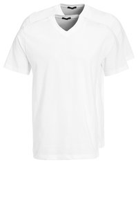 Deux t-shirts en coton blanc à manches courtes et à col en V, présentant des coutures minimales et une coupe droite à l'ourlet.