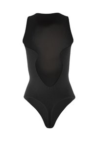Svart ärmlös bodysuit med meshnackpanel och högskurna benöppningar, visad mot en vit bakgrund.