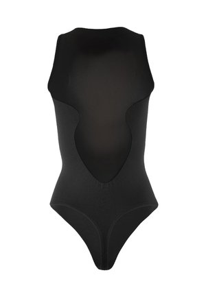 Svart ärmlös bodysuit med meshnackpanel och högskurna benöppningar, visad mot en vit bakgrund.