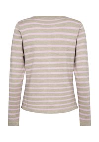 Långärmad topp i ljus beige med rosa horisontella ränder. Har en rund halsringning, mjuk textur och en avslappnad passform vid midjan.