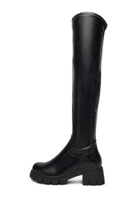 Cizme negre până la genunchi din piele netedă, cu o talpă groasă din cauciuc, design elegant și detaliu subtil de cusătură în partea de sus.