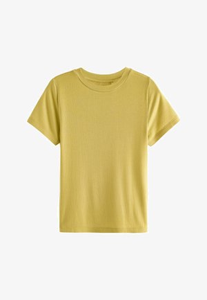 Lühikeste sleeves, ümar kaelusega T-särk heleses kollases. Kangas on tekstuuriga ribakujuline. Sirge lõikega serv, valmistatud pehmest ja hingavast materjalist.