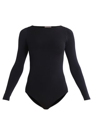 Sort langærmet bodysuit lavet af blødt, strækbart stof. Har en rund halsudskæring og en tætsiddende silhuet med en string-dels skæring i bunden.