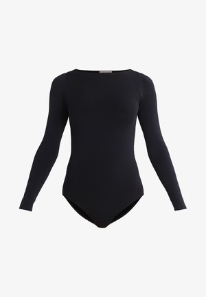 Sort langærmet bodysuit lavet af blødt, strækbart stof. Har en rund halsudskæring og en tætsiddende silhuet med en string-dels skæring i bunden.