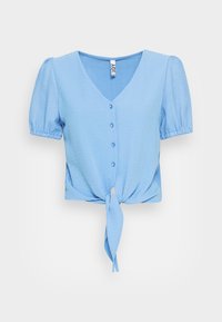 Hellbluse mit V-Ausschnitt, kurzen Puffärmeln, Knopfverschluss und einem Knoten-Detail an der Taille. Aus strukturiertem Stoff gefertigt.