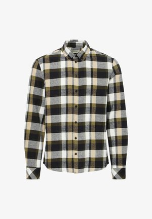 Moška flanelasta srajca z večbarvnim karo vzorcem v črni, zeleni, rumeni in beli barvi. Dolgi rokavi in gumbasto zapiranje. Mehka tekstura.
