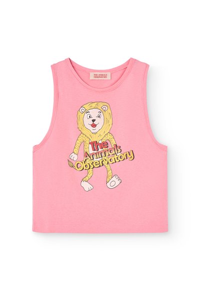 Camiseta sin mangas de algodón rosa con un gráfico de un personaje de león y el texto "The Animals Observatory" en letras gruesas y coloridas.
