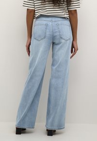 Light blue wide-leg denim jeans feature a classic five-pocket design, with stitched back pockets and a clean, straight hem.