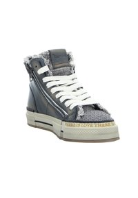Hohe Sneaker aus dunkelgrauem Leder mit strukturiertem grauem Stoff, weißen Schnürsenkeln, seitlichem Reißverschluss und einer hellbraunen Sohle mit aufgedrucktem Zitat.