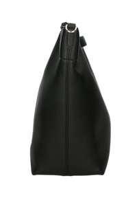 Schwarze Lederhandtasche mit strukturiertem Oberflächenmaterial, dreieckiger Form und einem oberen Reißverschlussverschluss. Verfügt über einen geschlungenen Griff an der Oberseite.