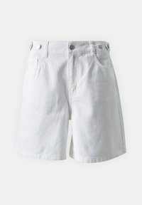 Witte denim shorts met een hoge taille, twee voorzakken en contrasterende metalen knopen. De stof heeft een licht gestructureerde afwerking.