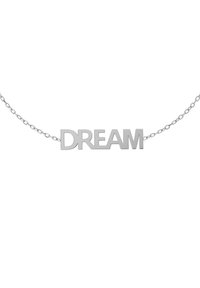 Sidabrinė vėrinys su žodžiu „DREAM“ didžiosiomis raidėmis, plokščias dizainas, grandinėlė su blizgiu paviršiumi.