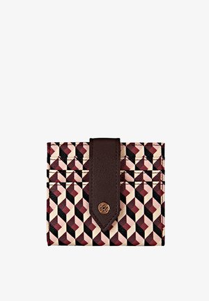 Cardholder with a geometric pattern in burgundy, cream, and black. Features a brown leather strap and a metal snap closure.