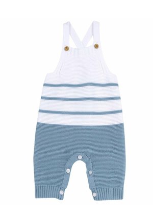 Tutina per neonato lavorata a maglia con righe orizzontali blu e bianche, spalline con bottoni di legno e bottoni a pressione lungo la cucitura interna.