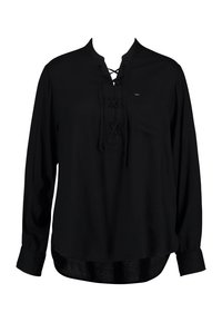 Black long-sleeve shirt with a lace-up neckline, chest pocket, and buttoned cuffs. Made from soft fabric with a relaxed fit and curved hem.