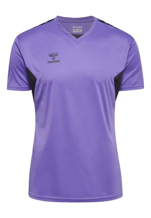 Paarse sporttrui met een V-hals, voorzien van zwarte zijpanelen, logo op de bovenste linkerzijde en een gladde, lichte stoftextuur.