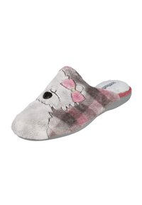 Zapatillas de felpa grises con una cara de oso y lazo rosa. Presentan un patrón a cuadros y una textura suave. Suela sólida gris para estabilidad.