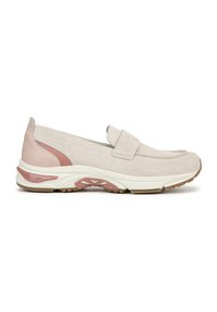 Scarpe beige slip-on con tomaia in camoscio e accenti rosa. Presentano una soletta imbottita e una fascia in Velcro per una calzata sicura. Design testurizzato.
