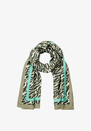 Lekki szal w zebrę w kolorze zielonym i beżowym z turkusową lamówką. Miękka faktura i zwiewny design.