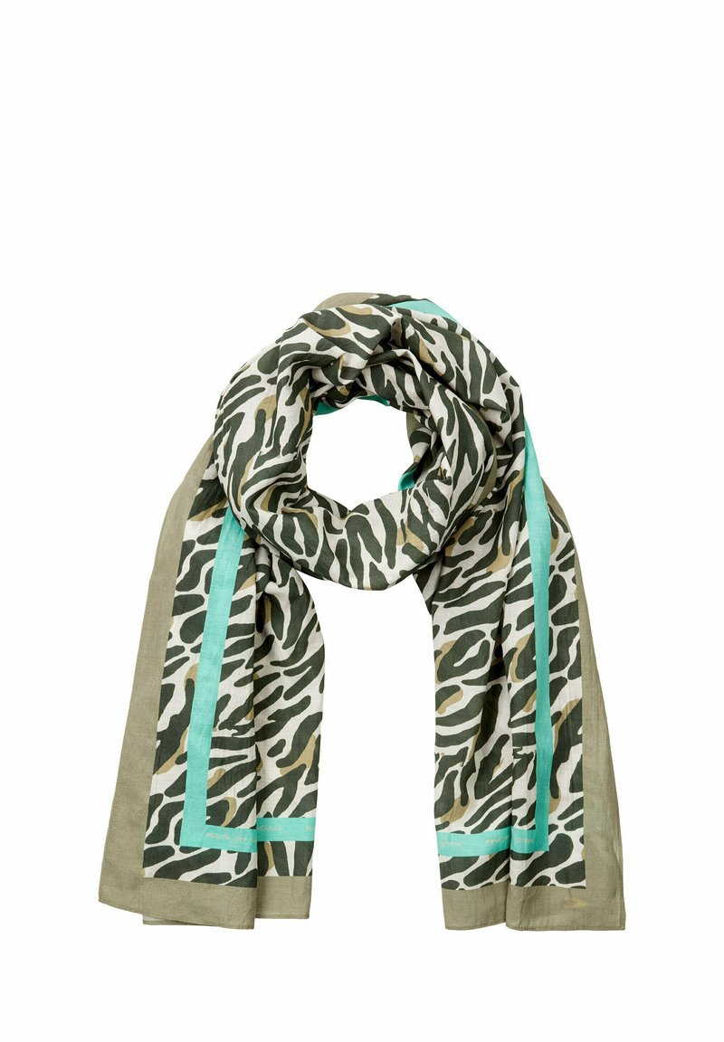 Letthåndterlig tørklæde med zebrastriber i grøn og beige, med en turkis kant. Blød tekstur og flydende design.