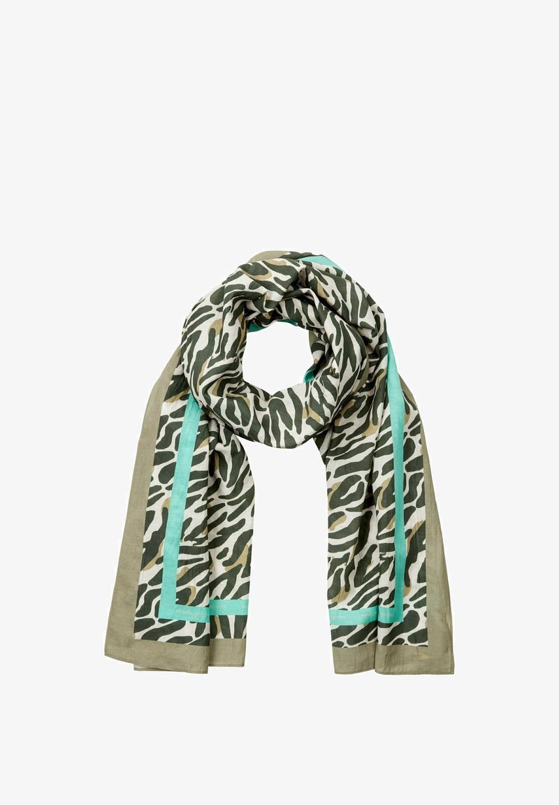 Letthåndterlig tørklæde med zebrastriber i grøn og beige, med en turkis kant. Blød tekstur og flydende design.