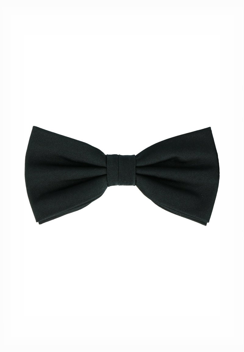 Black bow tie made of smooth fabric, featuring a classic design with a central knot and even, symmetrical wings. No patterns or accents.