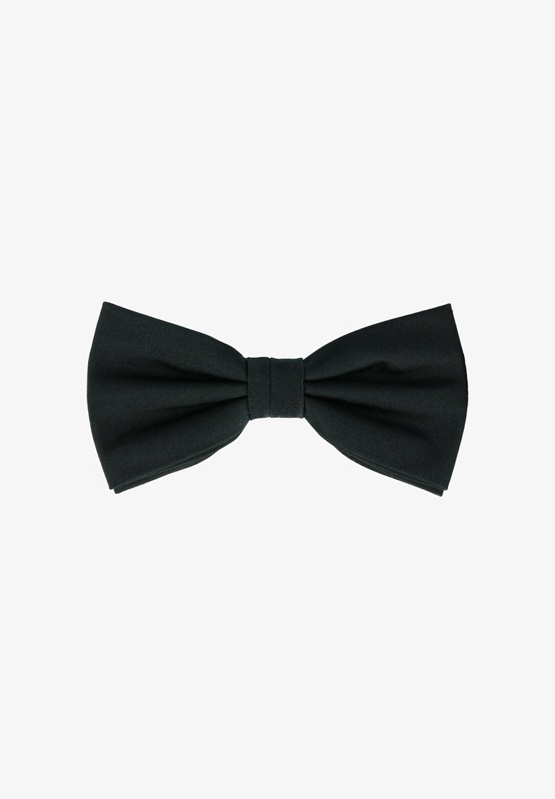 Schwarze Fliege aus glattem Stoff, mit einem klassischen Design, das einen zentralen Knoten und gleichmäßige, symmetrische Flügel aufweist. Keine Muster oder Akzente.