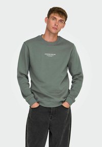 Grøn bomuldssweatshirt med rund hals, ribbede manchetter og kant. Har hvid tekst "CURATED STAPLES" på brystet, stylet med mørke jeans.
