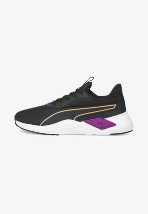 Black athletic shoes with a textured upper, featuring a rose gold stripe, a purple accent near the heel, and a white midsole.