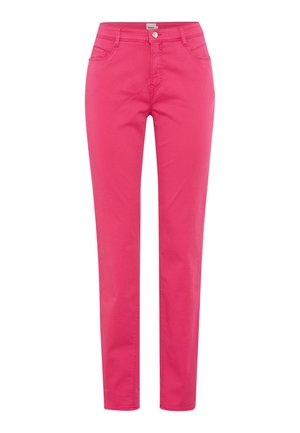 Helle pinke Slim-Fit-Hose mit vorderen Taschen, Gürtelschlaufen und Knopfverschluss an der Taille.