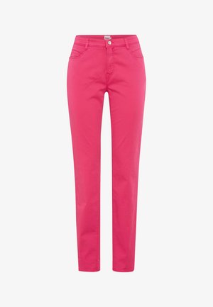 Helle pinke Slim-Fit-Hose mit vorderen Taschen, Gürtelschlaufen und Knopfverschluss an der Taille.