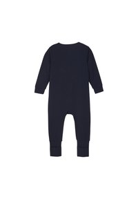 Marinblå babymössa i mjuk bomull, med långa ärmar, ribbade manschetter och rund halsringning. Enkel, sömlös baksidedesign.