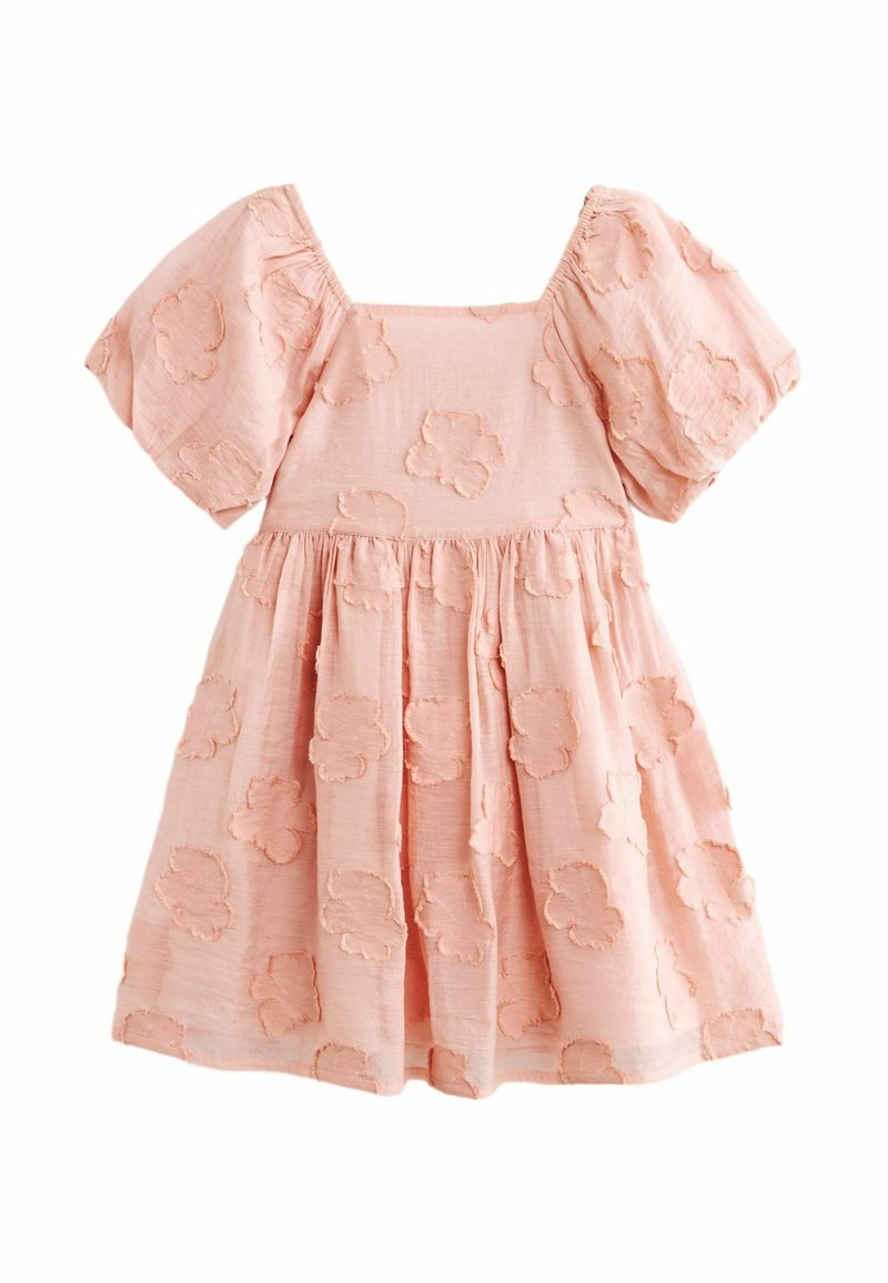 Rosa Kleid aus leichtem Stoff mit kurzen Puffärmeln. Verfügt über strukturierten floralen Stickereien und einen gerafften Rock. Quadrat-Ausschnitt.