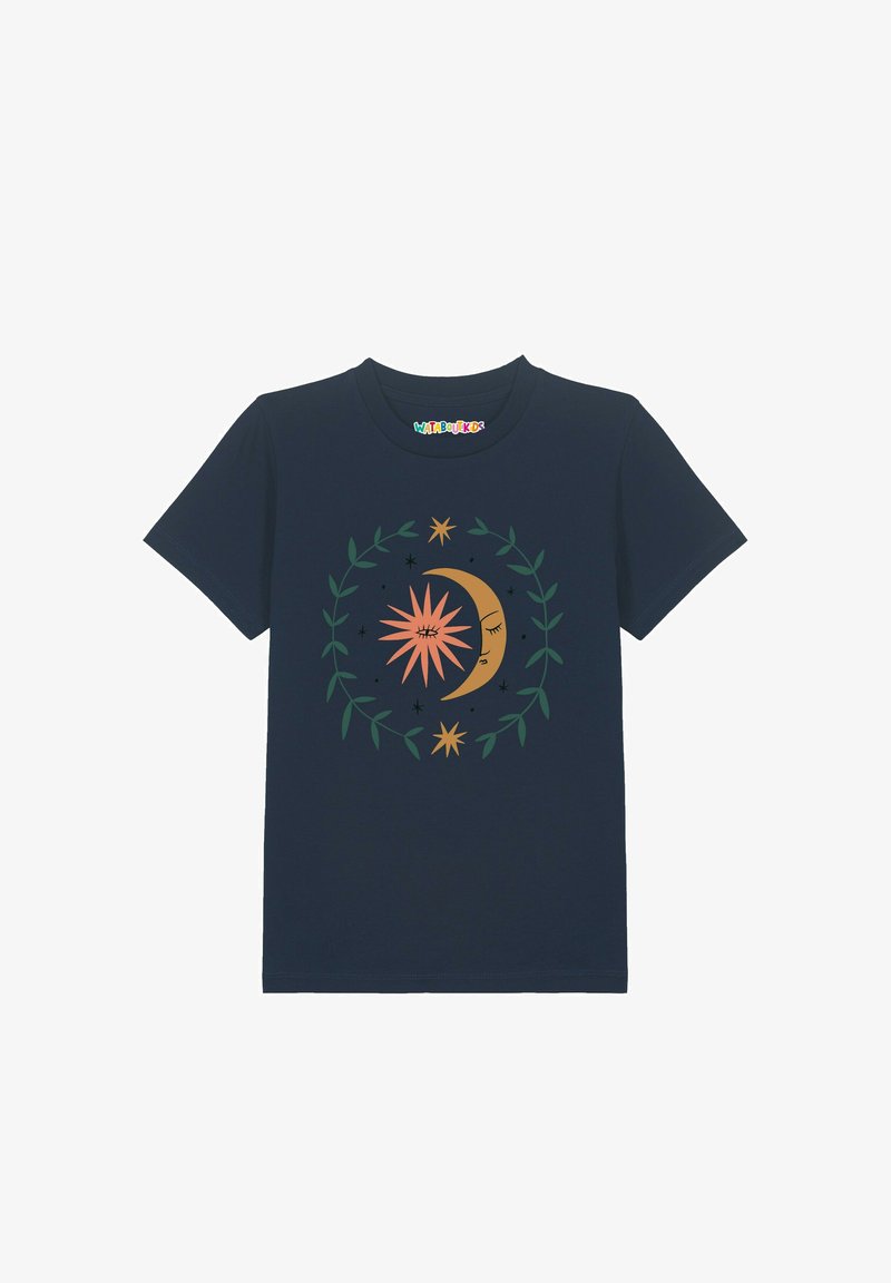 Navy blue t-shirt with a graphic of a pink sun and yellow crescent moon with closed eyes, surrounded by green vine leaves and golden stars.